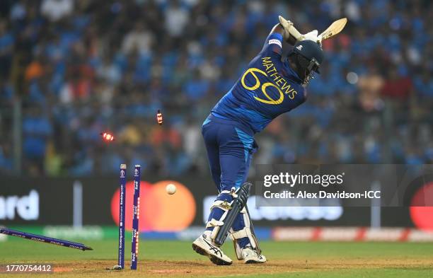 Angelo Matthews of Sri Lanka is bowled by Mohammed Shami of India during the ICC Men's Cricket World Cup India 2023 between India and Sri Lanka at...