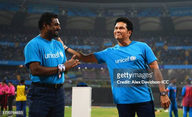 Sachin Tendulkar and Muttiah Muralitharan take part in a UNICEF activation During UNICEF One Day 4 children as the Wankhede Stadium turns blue during...