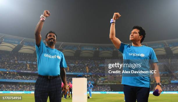 Sachin Tendulkar and Muttiah Muralitharan take part in a UNICEF activation During UNICEF One Day 4 children as the Wankhede Stadium turns blue during...