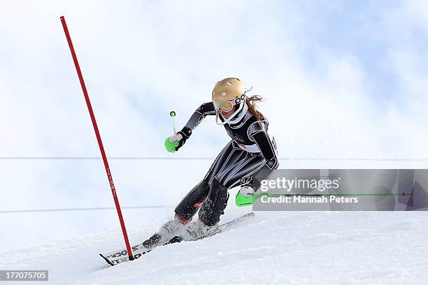 Piera Hudson of New Zealand competes during the Alpine Slalom during day seven of the Winter Games NZ at Coronet Peak on August 21, 2013 in...