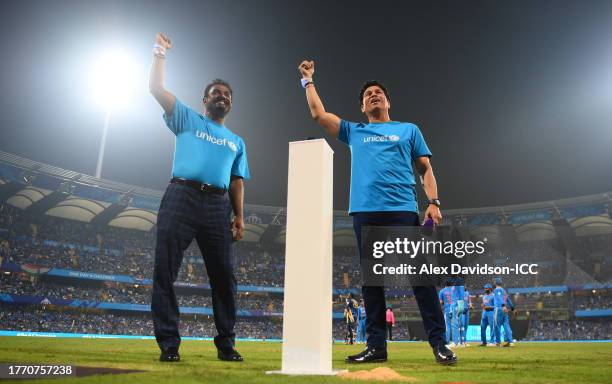 Sachin Tendulkar and Muttiah Muralitharan take part in a UNICEF activation During UNICEF One Day 4 children as the Wankhede Stadium turns blue during...
