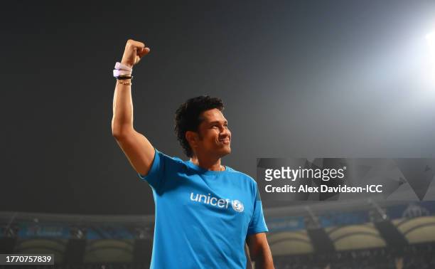 Sachin Tendulkar and Muttiah Muralitharan take part in a UNICEF activation During UNICEF One Day 4 children as the Wankhede Stadium turns blue during...