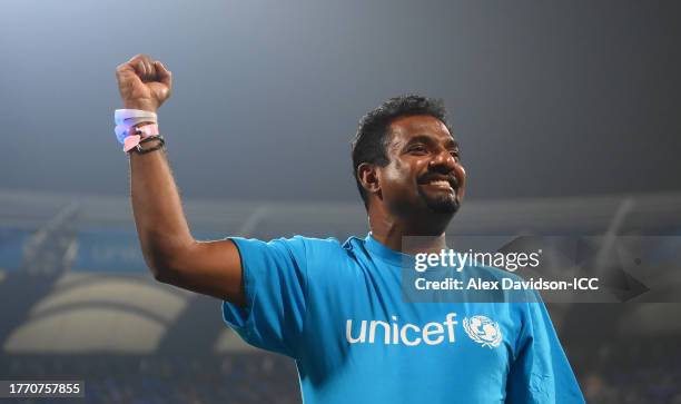 Sachin Tendulkar and Muttiah Muralitharan take part in a UNICEF activation During UNICEF One Day 4 children as the Wankhede Stadium turns blue during...