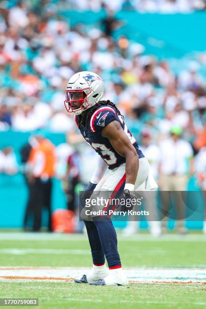 Kyle Dugger of the New England Patriots looks on from the field during an NFL football game against the Miami Dolphins at Hard Rock Stadium on...