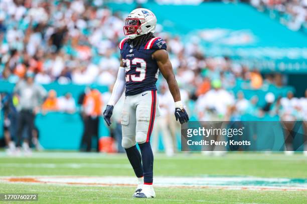 Kyle Dugger of the New England Patriots looks on from the field during an NFL football game against the Miami Dolphins at Hard Rock Stadium on...