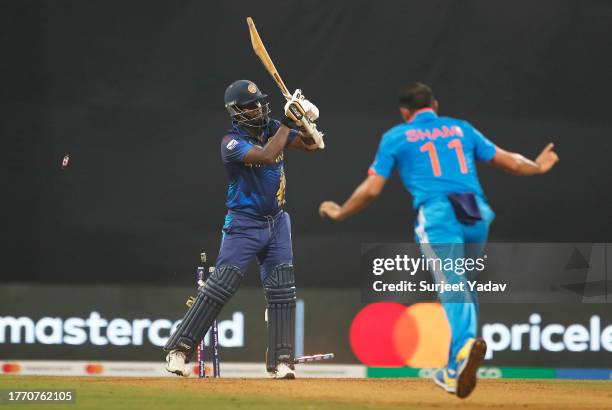 Angelo Matthews of Sri Lanka is bowled by Mohammed Shami of India during the ICC Men's Cricket World Cup India 2023 between India and Sri Lanka at...