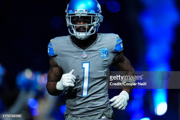 Cameron Sutton of the Detroit Lions runs out of the tunnel prior to an NFL game against the Las Vegas Raiders at Ford Field on October 30, 2023 in...