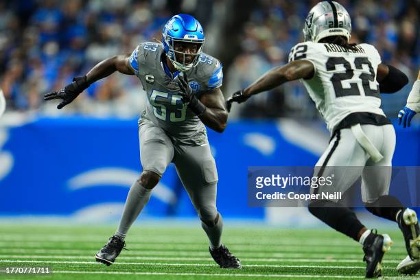 Charles Harris of the Detroit Lions rushes the passer during an NFL game against the Las Vegas Raiders at Ford Field on October 30, 2023 in Detroit,...