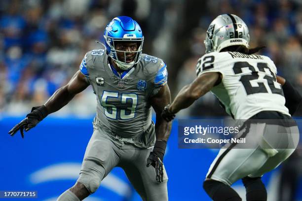 Charles Harris of the Detroit Lions rushes the passer during an NFL game against the Las Vegas Raiders at Ford Field on October 30, 2023 in Detroit,...
