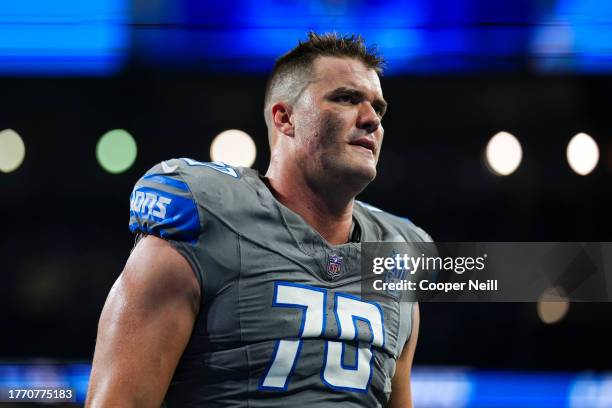 Dan Skipper of the Detroit Lions walks off of the field after an NFL game against the Las Vegas Raiders at Ford Field on October 30, 2023 in Detroit,...