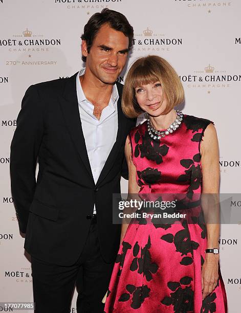 Professional Tennis Player Roger Federer and Vogue Editor-in-Chief Anna Wintour attend Moet & Chandon Celebrates Its 270th Anniversary With New...
