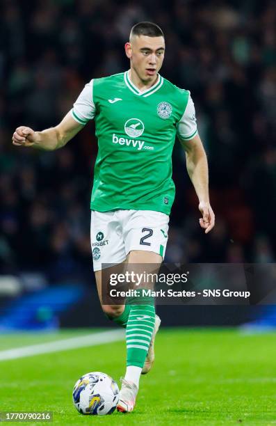 Hibernian's Lewis Miller in action during a Viaplay Cup semi-final match between Hibernian and Aberdeen at Hampden Park, on November 04 in Glasgow,...