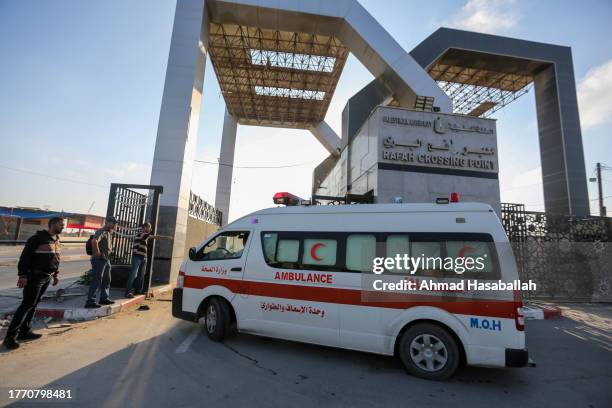 Wounded Palestinians enter the Rafah crossing to travel to receive treatment in Egypt on November 2, 2023 in Rafah, Gaza. For the first time since...