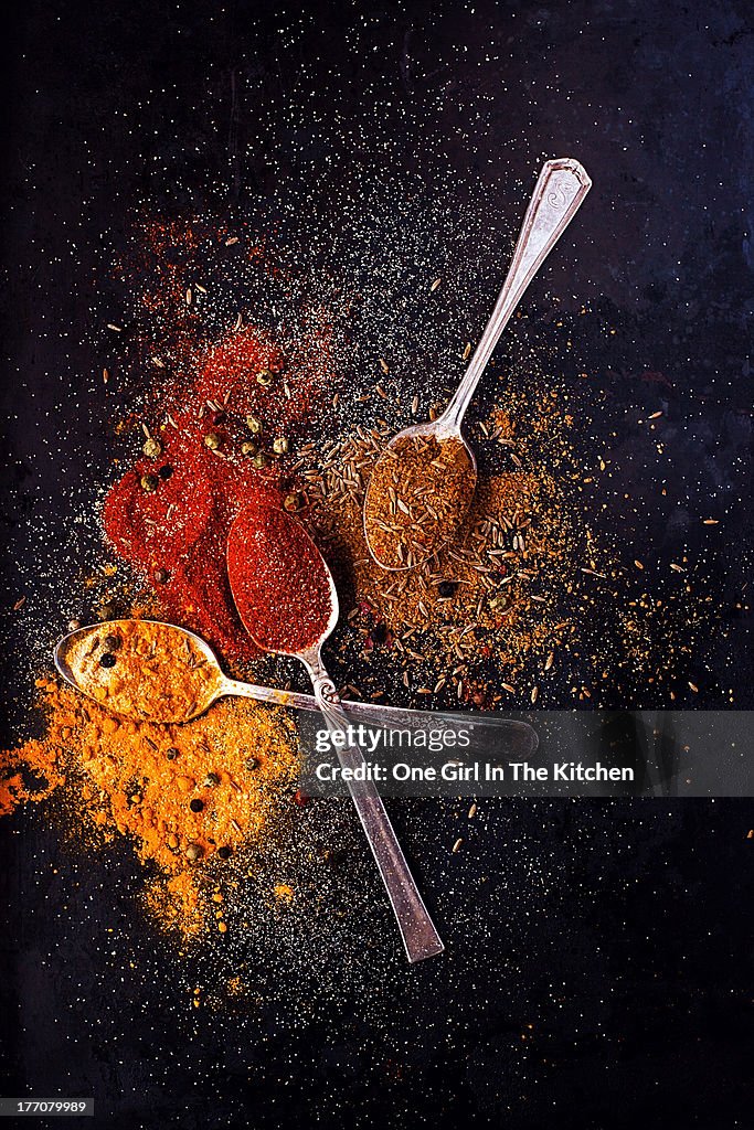 Teaspoons with ground spices on dark background