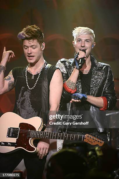 Musicians Nash Overstreet and Ryan Follese of the band Hot Chelle Rae perform at a Crazy Good VMA Concert event presented by MTV and Pop Tarts at...