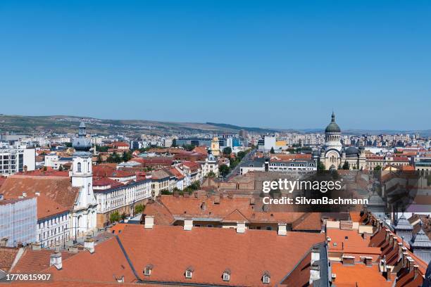 aerial cityscape with dormition of the theotokos cathedral, cluj-napoca, romania - cluj napoca stock-fotos und bilder