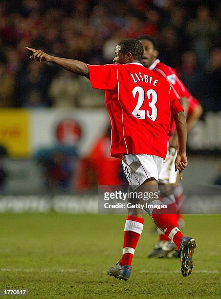 Kevin Lisbie of Charlton celebrates scoring the winning goal during the FA Barclaycard Premiership match between Charlton Athletic and Everton at The...