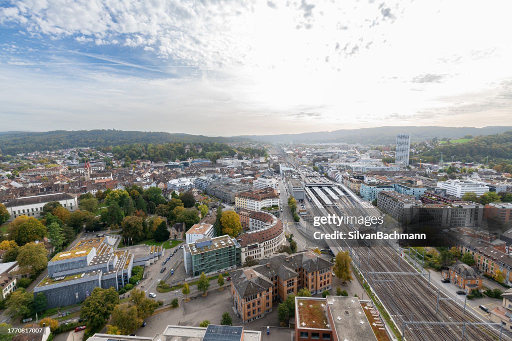Aerial cityscape with railway station, Winterthur, Zurich, Switzerland