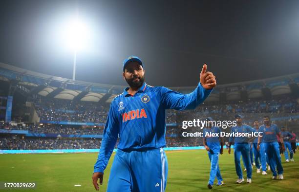 Rohit Sharma of India celebrates following the ICC Men's Cricket World Cup India 2023 between India and Sri Lanka at Wankhede Stadium on November 02,...