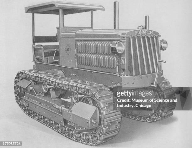 Power Of Medium Duty Operations - black and white image of a front side view of a Monarch 50 Tractor, stating that this medium size tractor is one of...