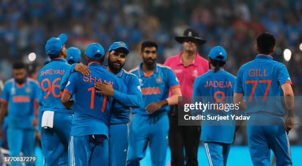 Players of India celebrate following the ICC Men's Cricket World Cup India 2023 between India and Sri Lanka at Wankhede Stadium on November 02, 2023...