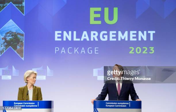 President of the European Commission Ursula von der Leyen and the EU Commissioner for Neighbourhood and Enlargement Oliver Varhelyi talk to media in...