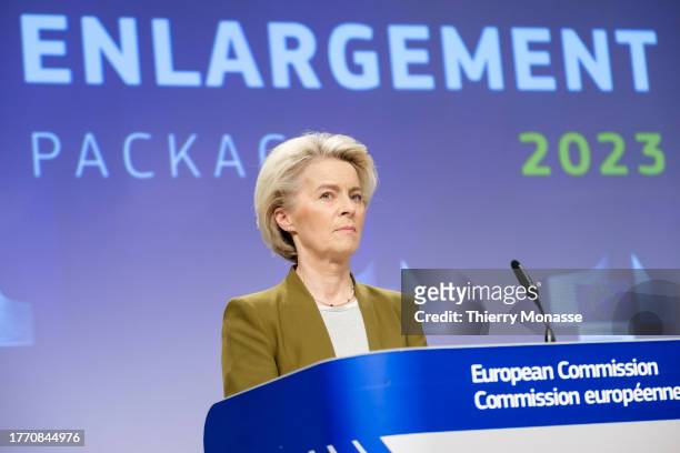 President of the European Commission Ursula von der Leyen talks to media in the Berlaymont, the EU Commission headquarter on November 8, 2023 in...