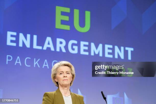 President of the European Commission Ursula von der Leyen talks to media in the Berlaymont, the EU Commission headquarter on November 8, 2023 in...