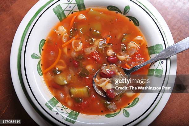 Bowl of minestrone soup is seen at Olive Garden Italian Restaurant on Wednesday August 14, 2013 in Falls Church, VA.