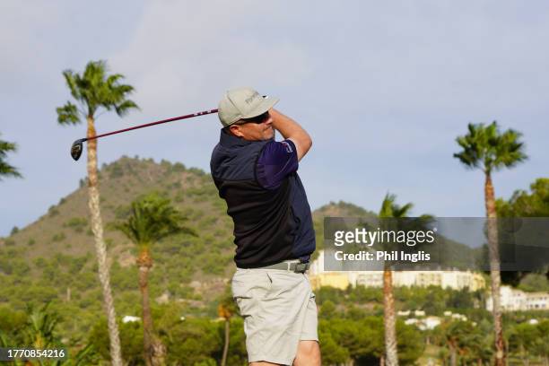 Greig Hutcheon of Scotland in action prior to the Farmfoods European Senior Masters on the South Course at La Manga Club on November 02, 2023 in...