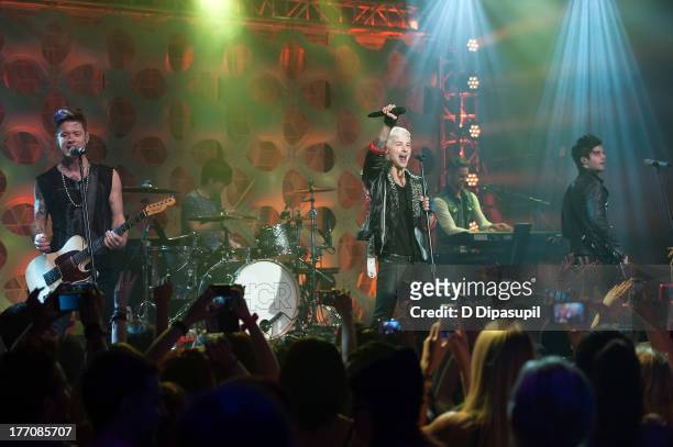 Nash Overstreet, Jamie Follese, Ryan Follese, and Ian Keaggy of Hot Chelle Rae perform at a "Crazy Good VMA Concert Event" presented by MTV and Pop...