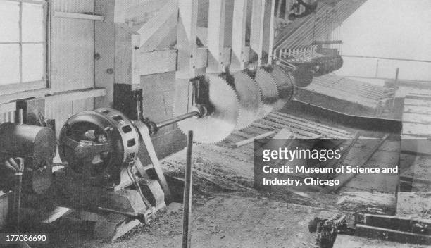 Electronically Driven Saw Mills - Cut 11896 - black and white of Slab Slashers manufactured by Allis Chalmers at the Black River Lumber Company,...