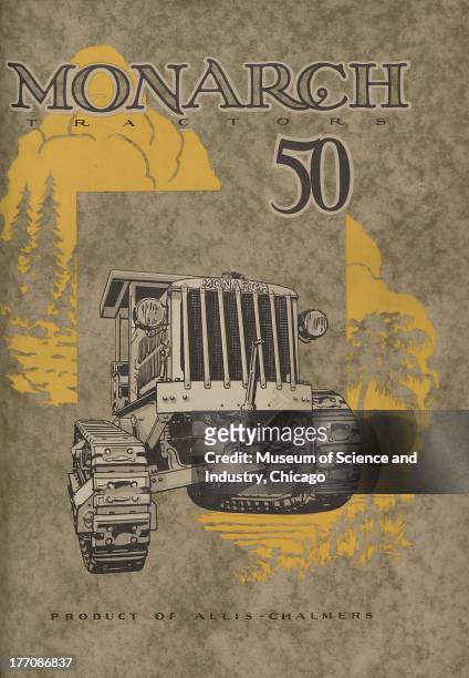 Monarch Tractors Division - color illustration of an Allis-Chalmers Monarch Tractor in the center and a forestry winter scene at the top left and a...