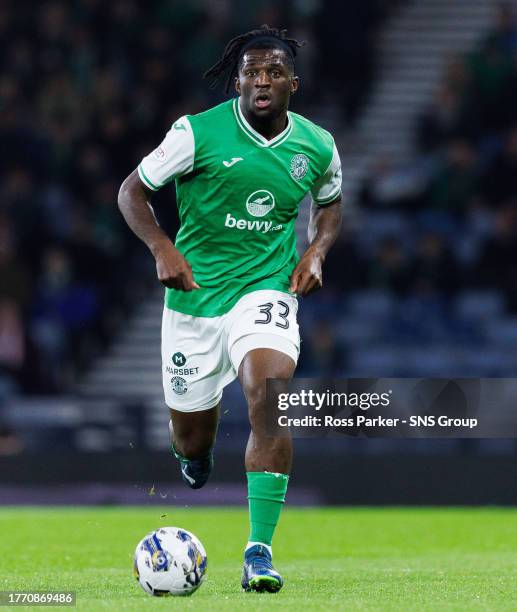 Rocky Bushiri in action for Hibernian during a Viaplay Cup semi-final match between Hibernian and Aberdeen at Hampden Park, on November 04 in...