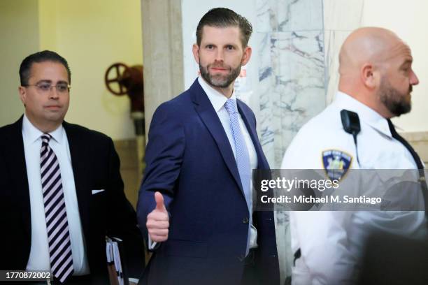 Eric Trump walks in tocourt during his civil fraud trial at New York State Supreme Court on November 02, 2023 in New York City. Trump Jr., executive...