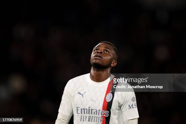 Pierre Kalulu of AC Milan reacts during the UEFA Champions League match between Paris Saint-Germain and AC Milan at Parc des Princes on October 25,...
