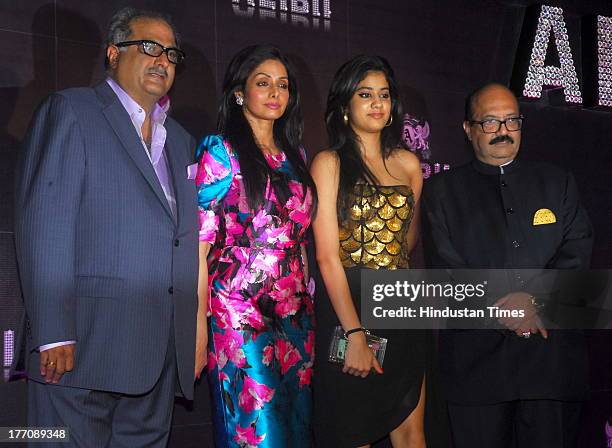 Bollywood actor Sridevi with her husband Boney Kapoor and daughter Jhanvi Kapoor and Indian politician Amar Singh during the celebration of Sridevi's...