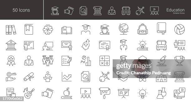 education icon set. 50 editable stroke vector graphic elements, stock illustration icon, education, training, academics, student, teaching, learning, lecture, instruction, online education - business training classroom stock illustrations