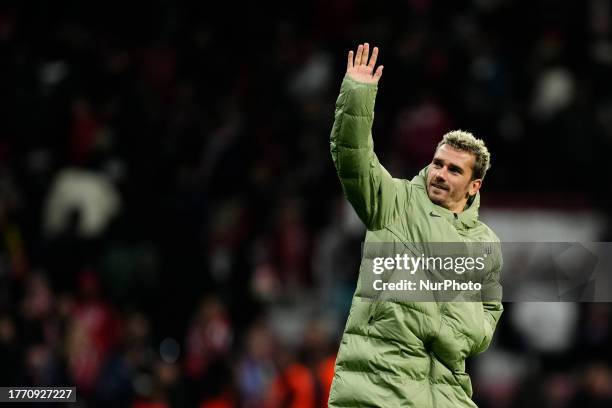 Antoine Griezmann second striker of Atletico de Madrid and France celebrates victory after the UEFA Champions League match between Atletico Madrid...