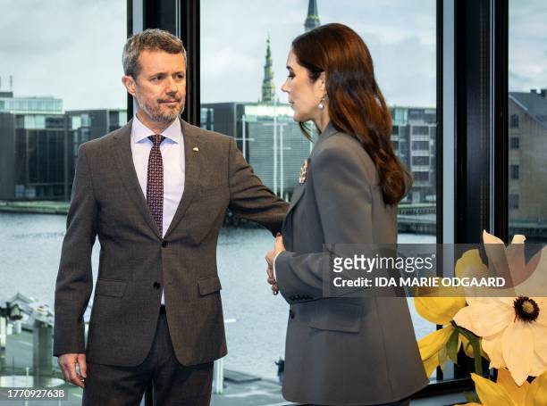 Denmark's Crown Prince Frederik and Crown Princess Mary look on during a visit with the Spanish royal couple of the Danish Architecture Center in...