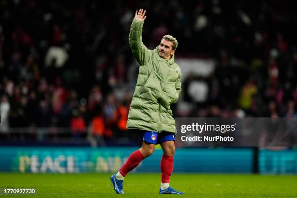 Antoine Griezmann second striker of Atletico de Madrid and France celebrates victory after the UEFA Champions League match between Atletico Madrid...