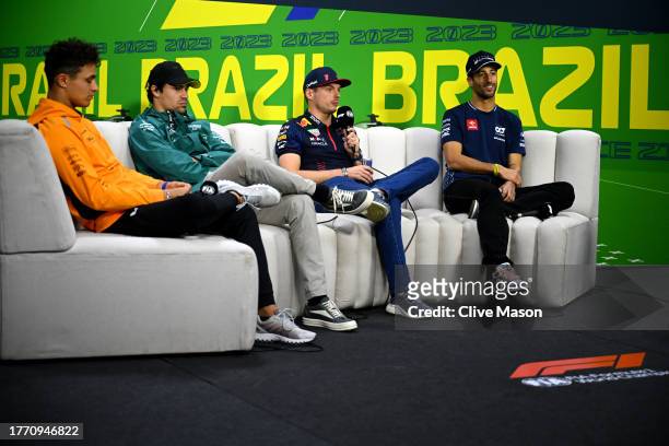 Max Verstappen of the Netherlands and Oracle Red Bull Racing talks in the Drivers Press Conference as Lando Norris of Great Britain and McLaren,...