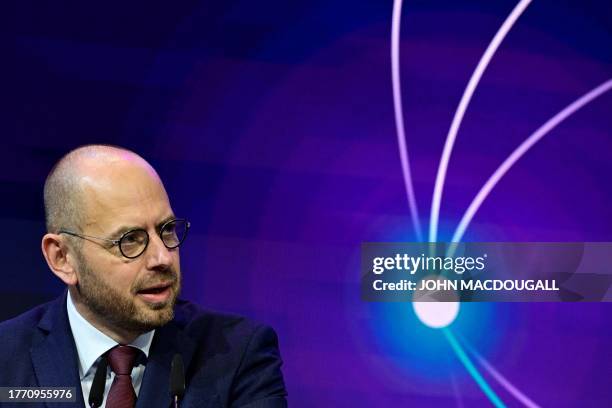 Chief Executive Officer of Siemens Energy, Christian Bruch addresses guests during the opening of a giga factory by German group Siemens Energy and...