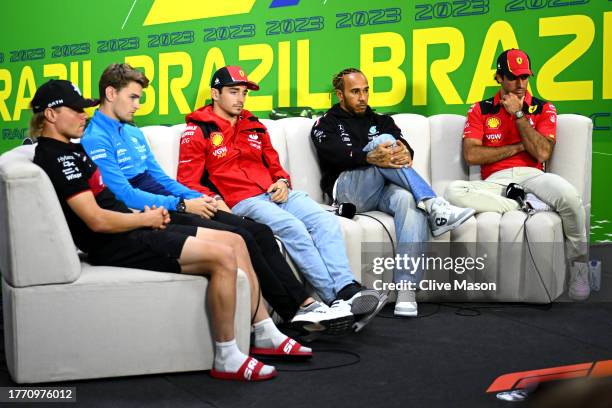 Valtteri Bottas of Finland and Alfa Romeo F1, Logan Sargeant of United States and Williams, Charles Leclerc of Monaco and Ferrari, Lewis Hamilton of...