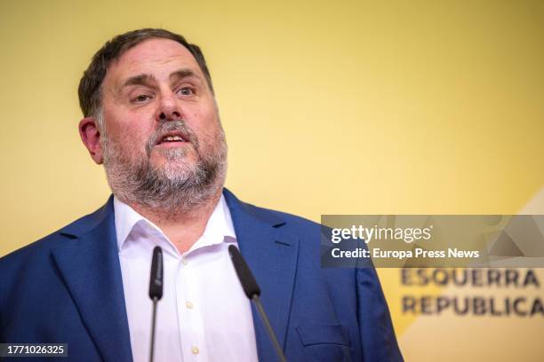 The president of ERC, Oriol Junqueras, appears at a press conference, on 02 November, 2023 in Barcelona, Catalonia, Spain. Junqueras has presented...