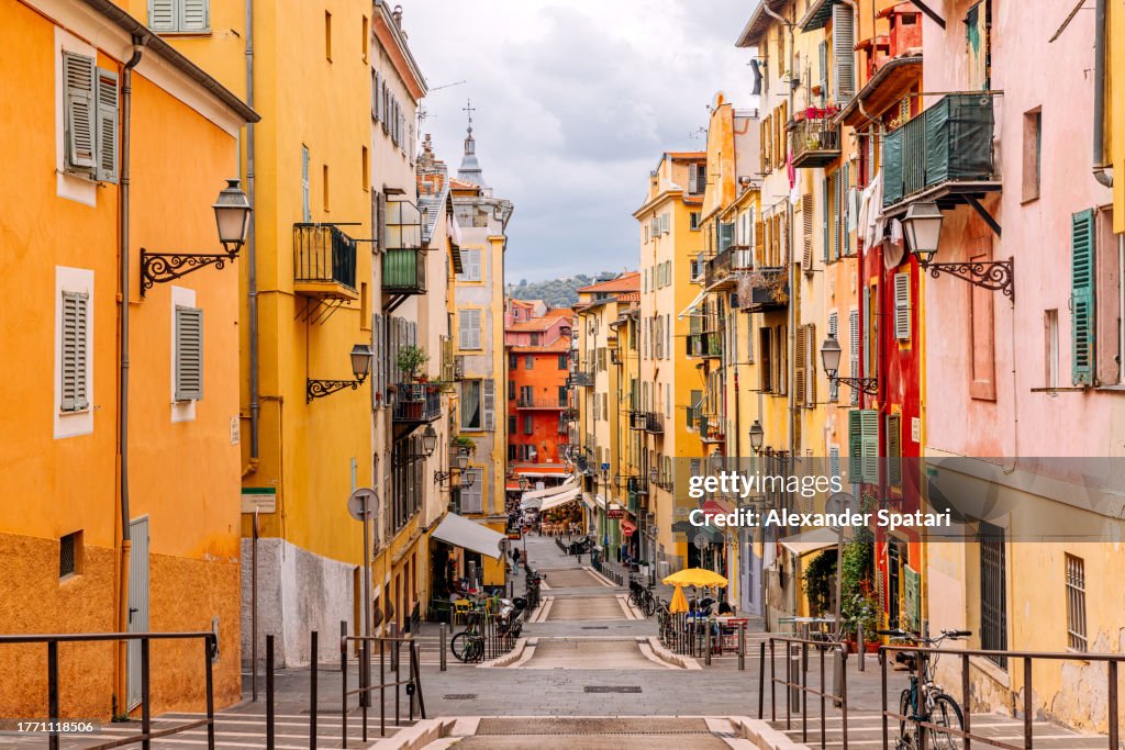 Multi-colored vibrant streets of Nice old town, French Riviera, France