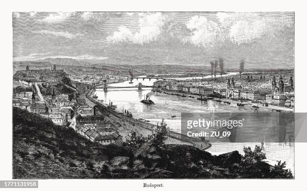 historical view of budapest, hungary, wood engraving, published in 1894 - traditionally hungarian stock illustrations