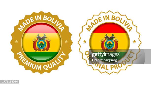 made in bolivia. vector premium quality and original product stamp. glossy icon with national flag. seal template - certificate border stock illustrations