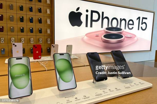The new Apple iPhone 15 is displayed at an Apple Store on November 02, 2023 in Corte Madera, California. Apple will report fourth quarter earnings...