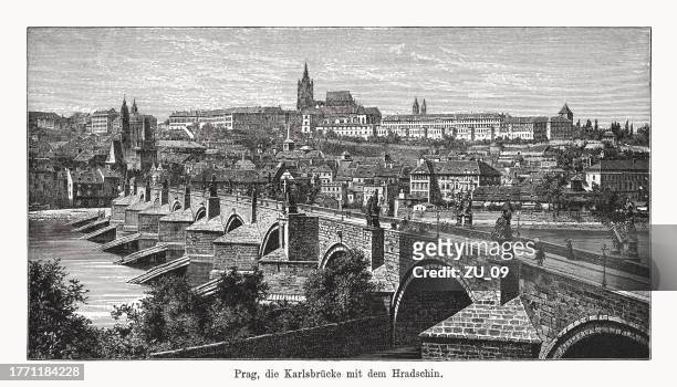 historische ansicht von prag, tschechische republik, holzstich, erschienen 1894 - karlsbrücke stock-grafiken, -clipart, -cartoons und -symbole